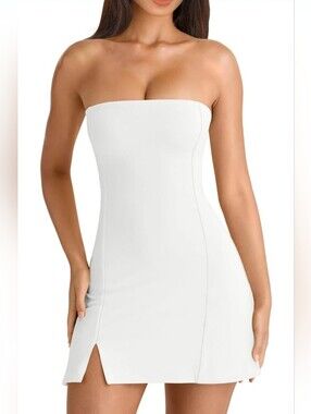 HYZ Women's Tube Strapless Sleeveless Y2K Split Party A-Line Mini Dress